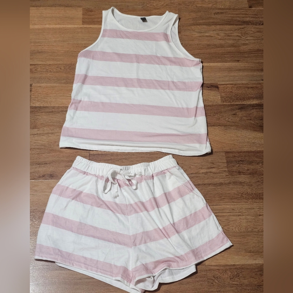 Women's Pink & White Striped Lounge Shorts Set
